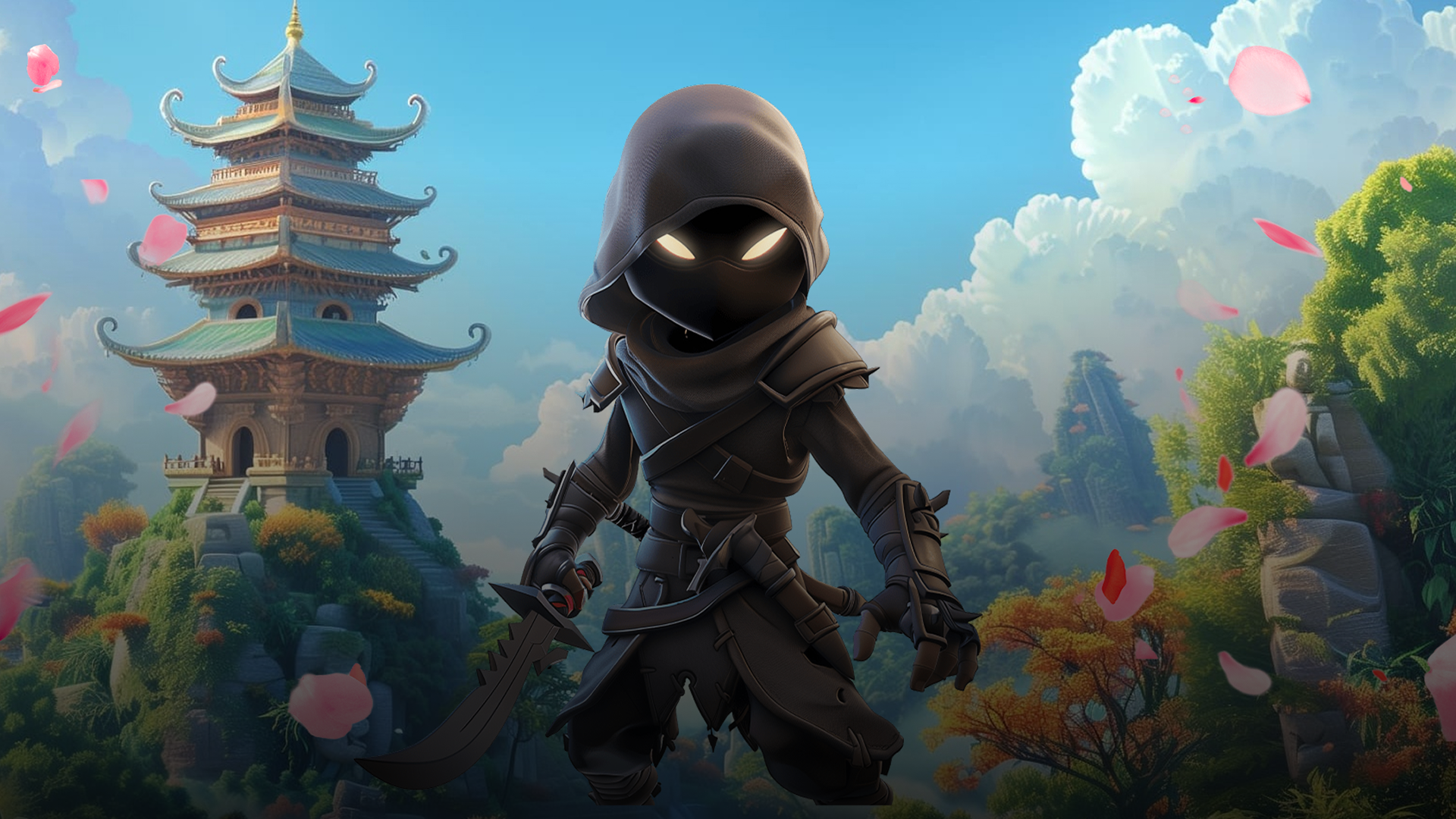 Futuristic game landscape with fox character