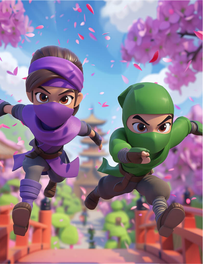 Action-packed mobile game scene with ninja characters